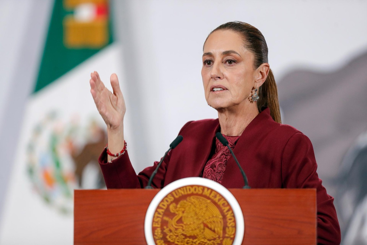 Mexican President Claudia Sheinbaum speaking at a press conference at the National Palace in Mexico City
