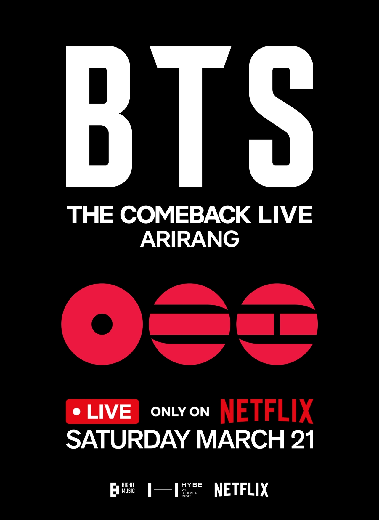 BTS The Comeback Live Arirang concert poster with Netflix livestream announcement for March 21 2026