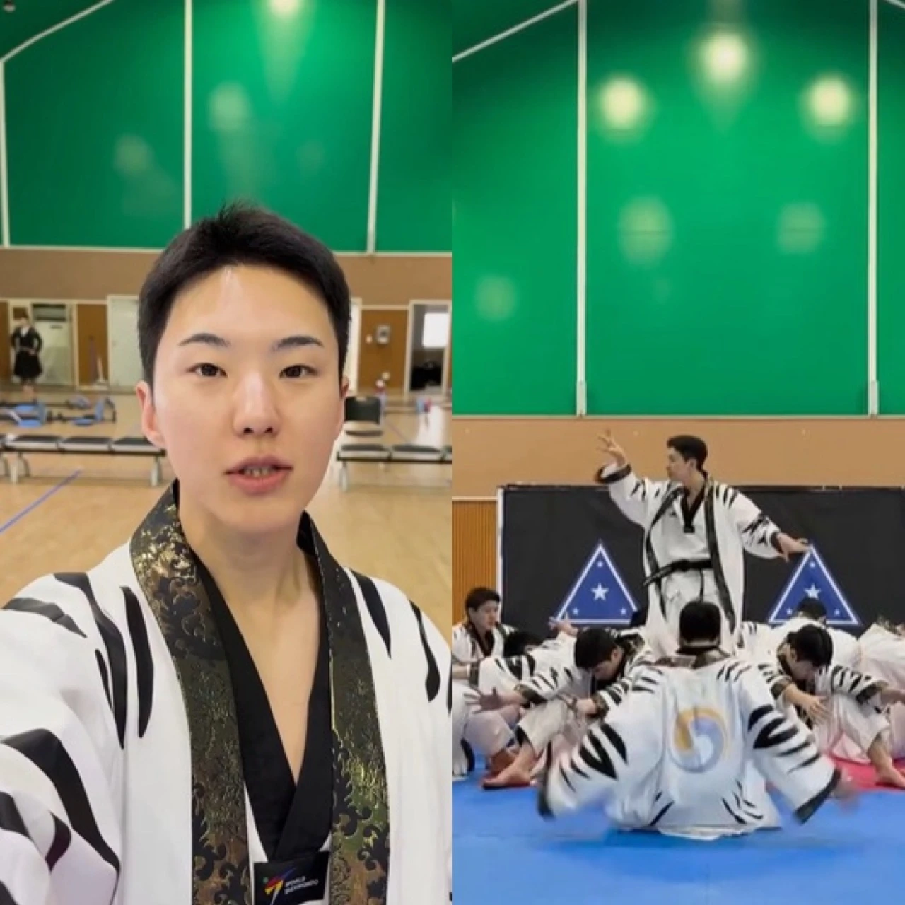 Hoshi and the ROK Army Taekwondo Demonstration Team performing choreographed Taekwondo in military uniforms