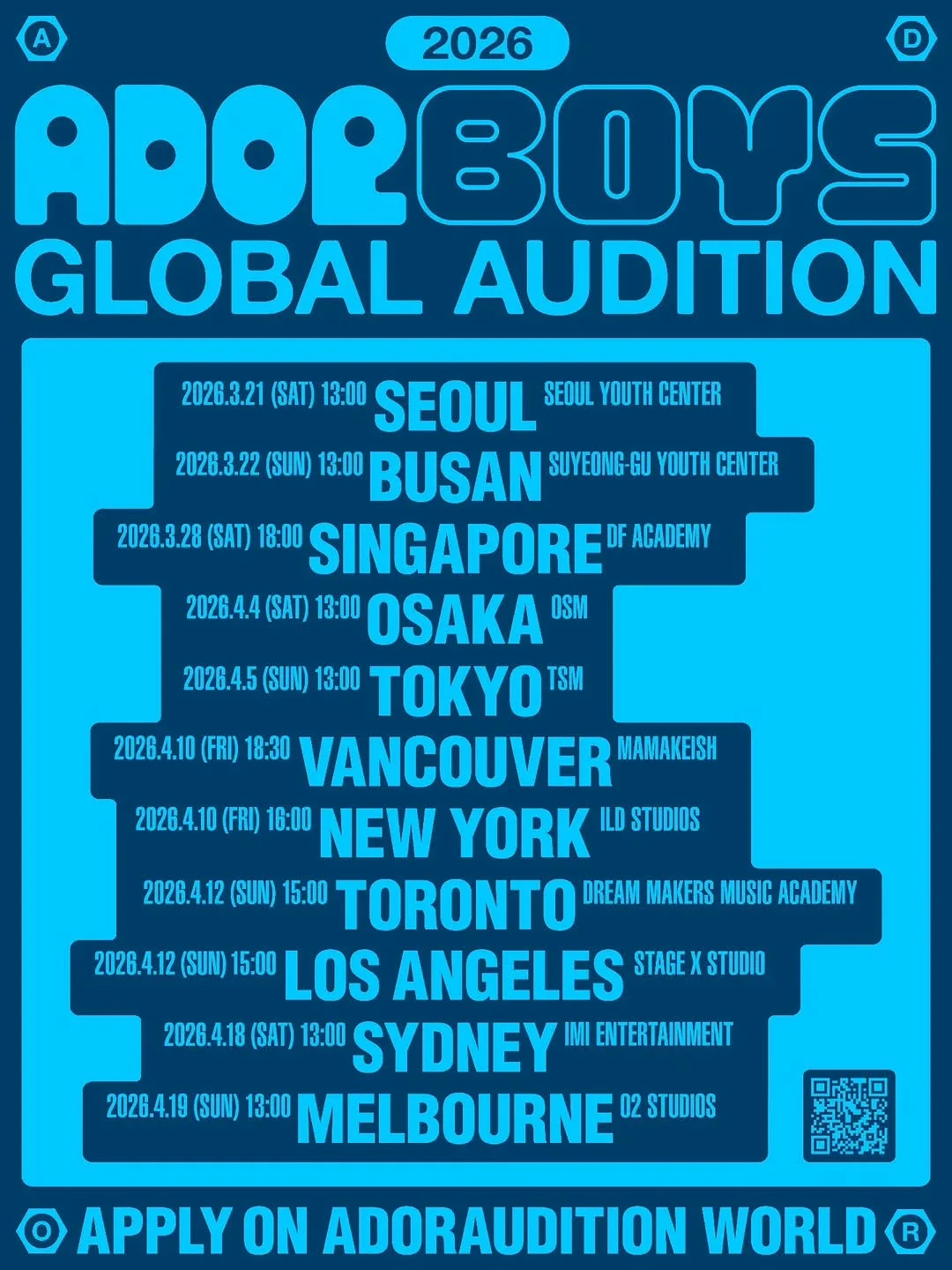 2026 ADOR Boys Global Audition promotional graphic with globe and key icons