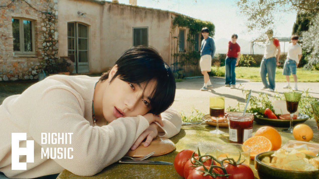 TXT members in a sun-lit outdoor setting, Love Language MV, 2025