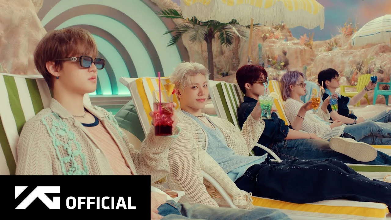 TREASURE members in PARADISE MV summer beach scene, YG Entertainment official