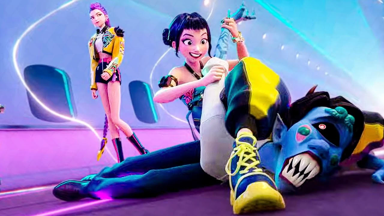 KPop Demon Hunters characters in action defeating a demon