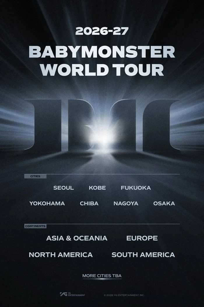 BABYMONSTER 2026-27 World Tour announcement poster showing tour cities including Seoul, Japan dates, and upcoming continents