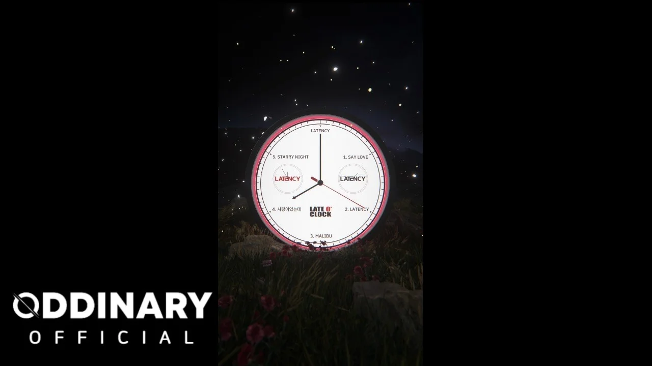LATENCY LATE O CLOCK mini album tracklist graphic with clock motif and starry night sky