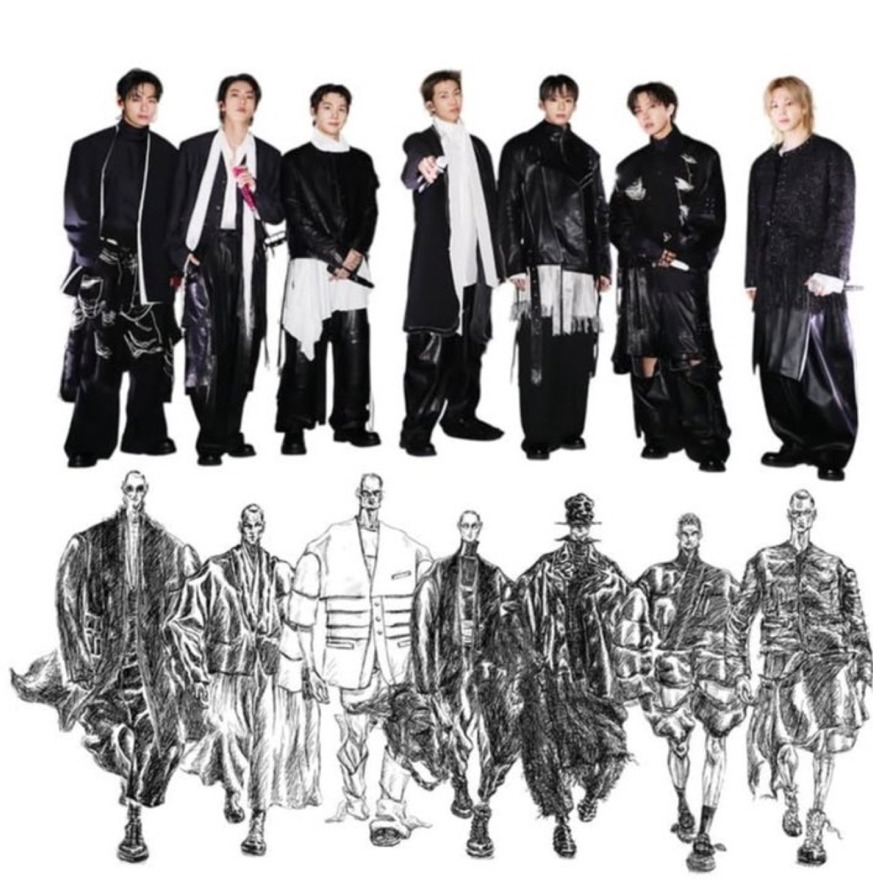 BTS Lyrical Armor concept sketches alongside group photo by SONGZIO for ARIRANG comeback