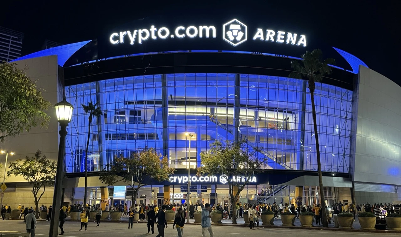 Crypto.com Arena exterior at night in Los Angeles, home of KCON LA 2026