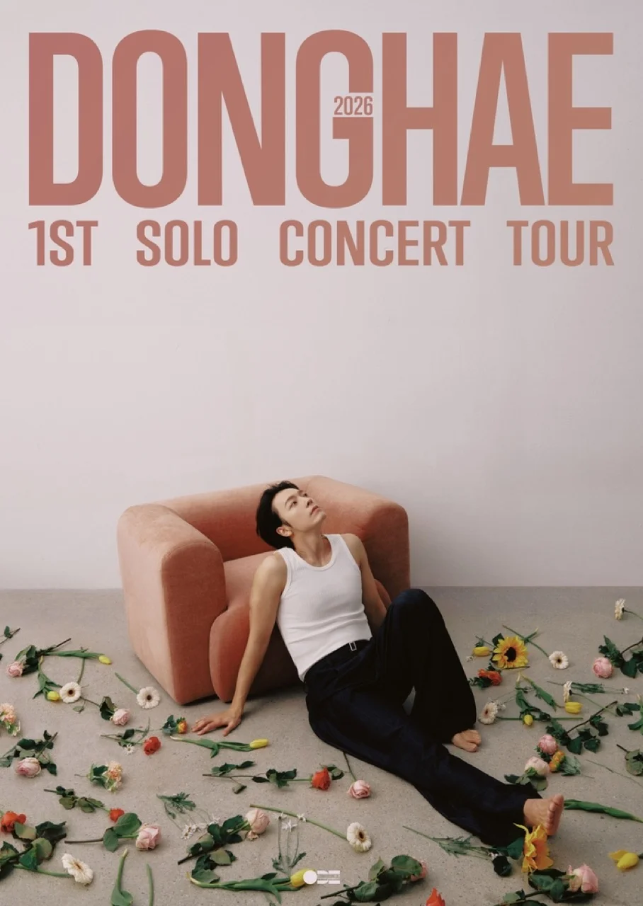 Official 2026 DONGHAE 1st SOLO CONCERT TOUR poster with Donghae surrounded by flowers