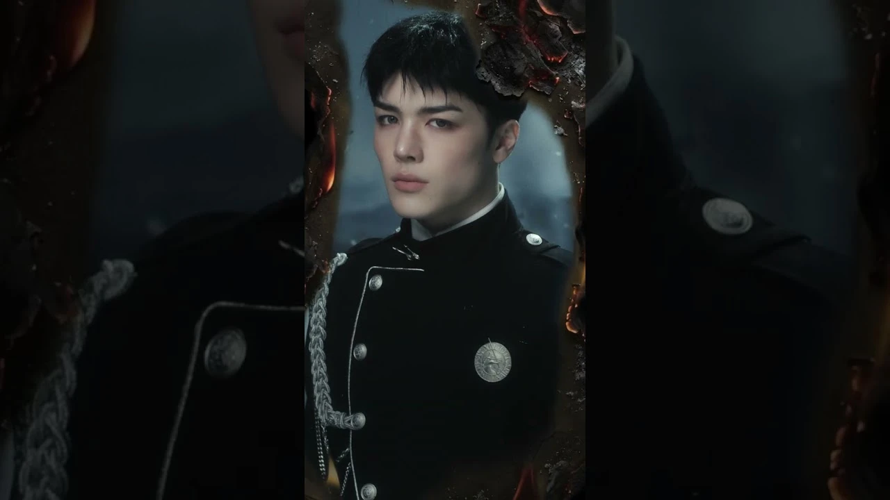 &TEAM member MAKI in dark military uniform with fire concept for the We on Fire mini album