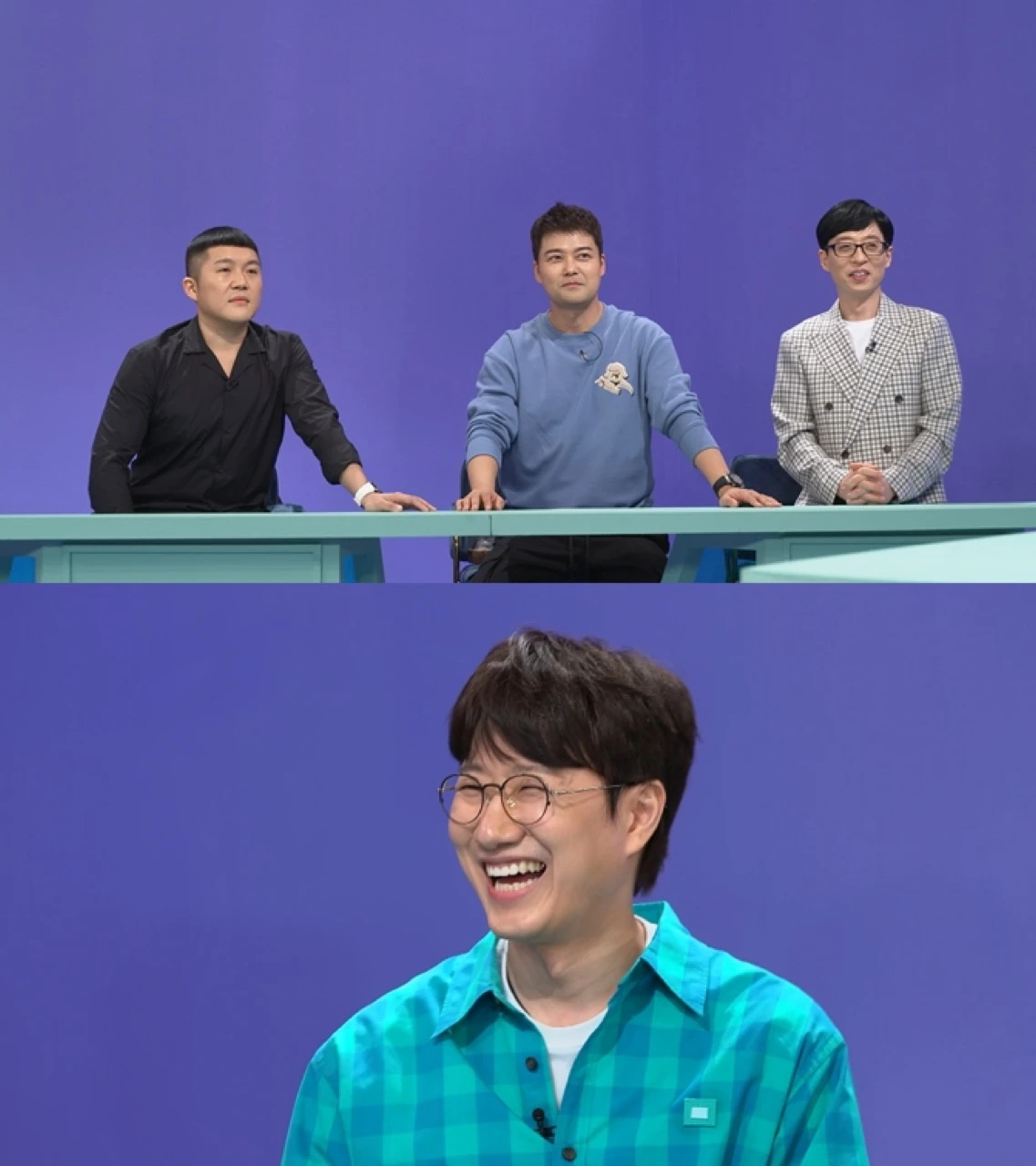 Official KBS studio still from Happy Together 4 featuring Yoo Jae-suk and fellow hosts