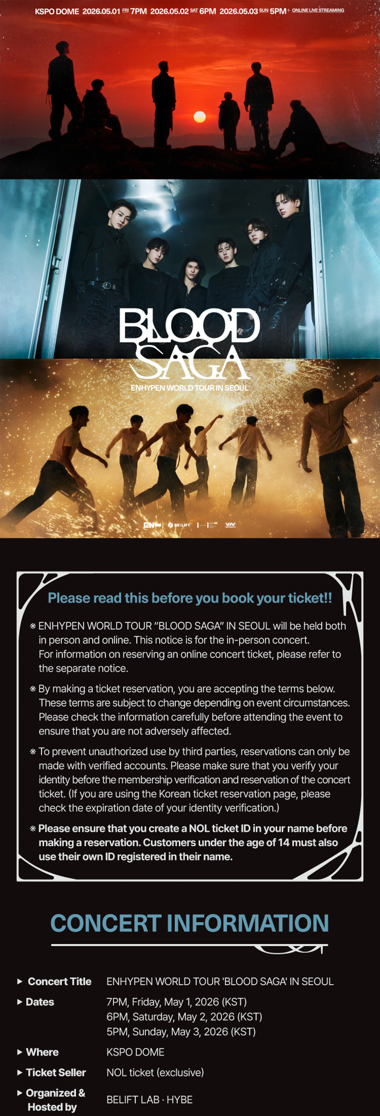 Ticketing information graphic for ENHYPEN WORLD TOUR BLOOD SAGA IN SEOUL showing seating map and presale details