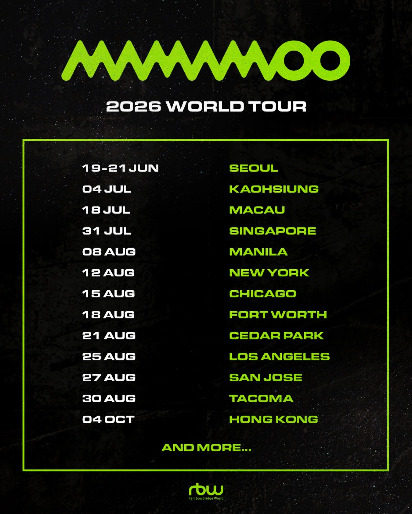 Official MAMAMOO 2026 world tour announcement poster listing the first cities and dates