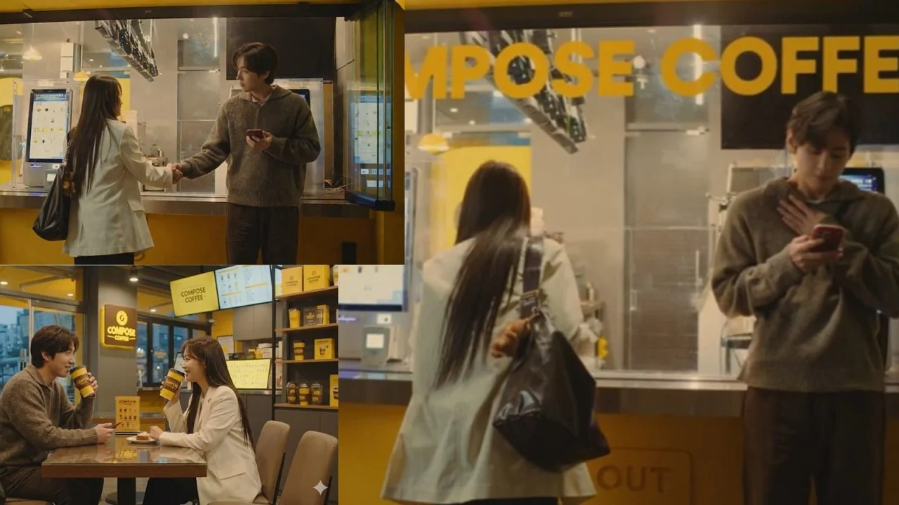 Collage image highlighting V and his female co-star in the That Night, Our Decaf rollout