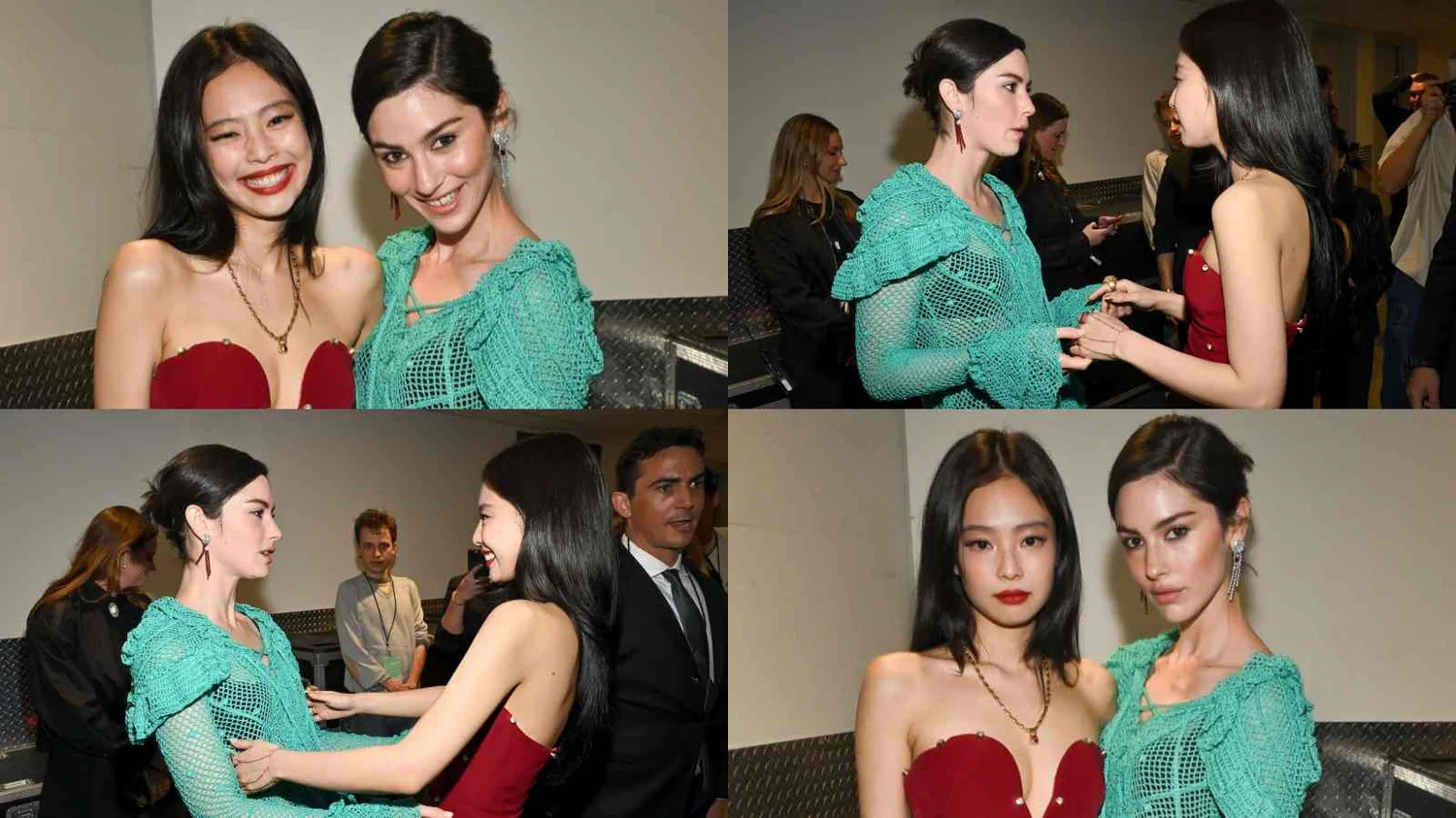 Jennie at a fashion event in a black outfit and layered gold accessories