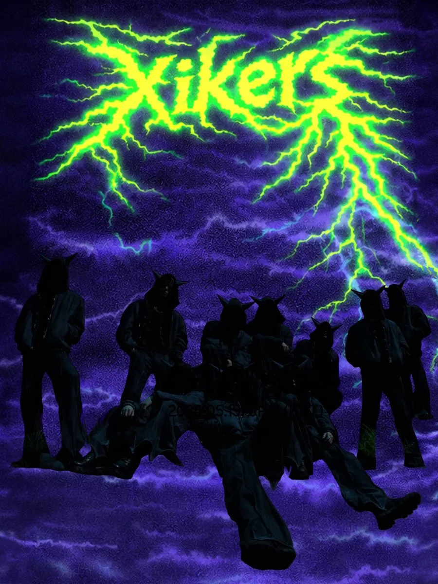 Promotional artwork for xikers 7th mini album ROUTE ZERO : The ORA showing red poster-style graphics with silhouettes and gravestone imagery