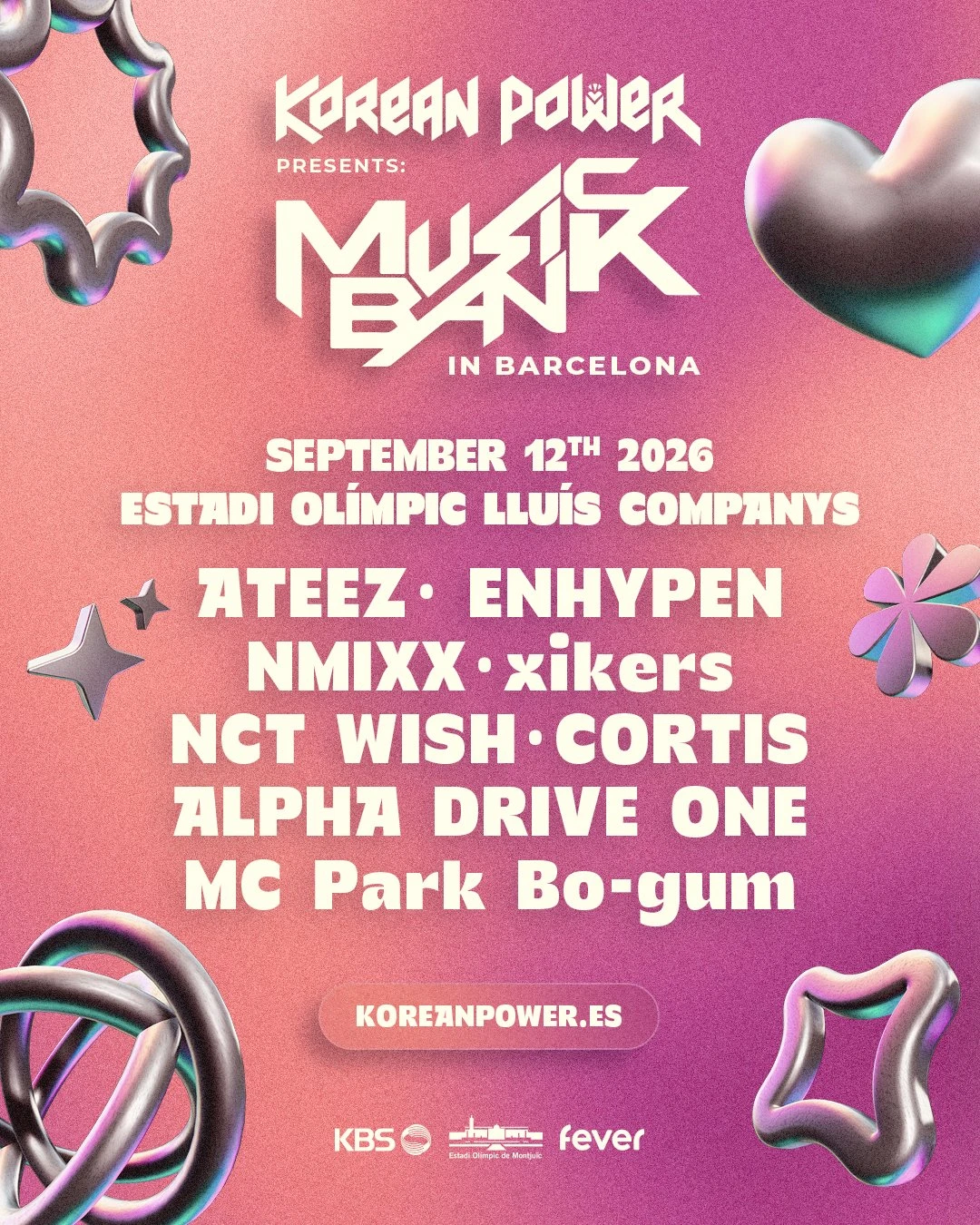 Promotional poster for Music Bank in Barcelona 2026 listing Park Bo Gum and the lineup