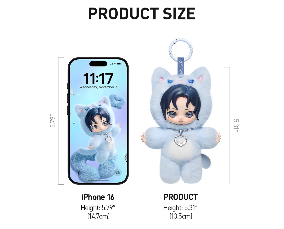 Size comparison graphic showing the aespa Fluffy Club vinyl plush doll pendant next to an iPhone 16