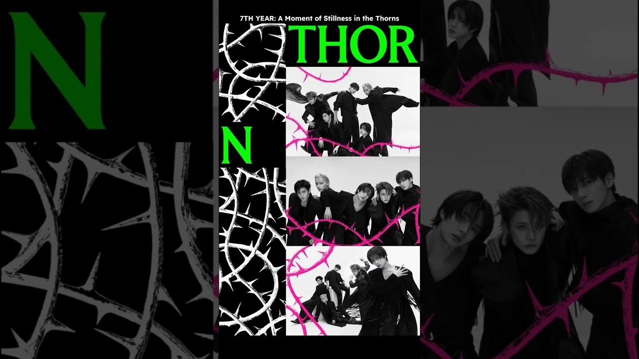 TXT 7TH YEAR concept collage with black and white group images and neon green title graphics