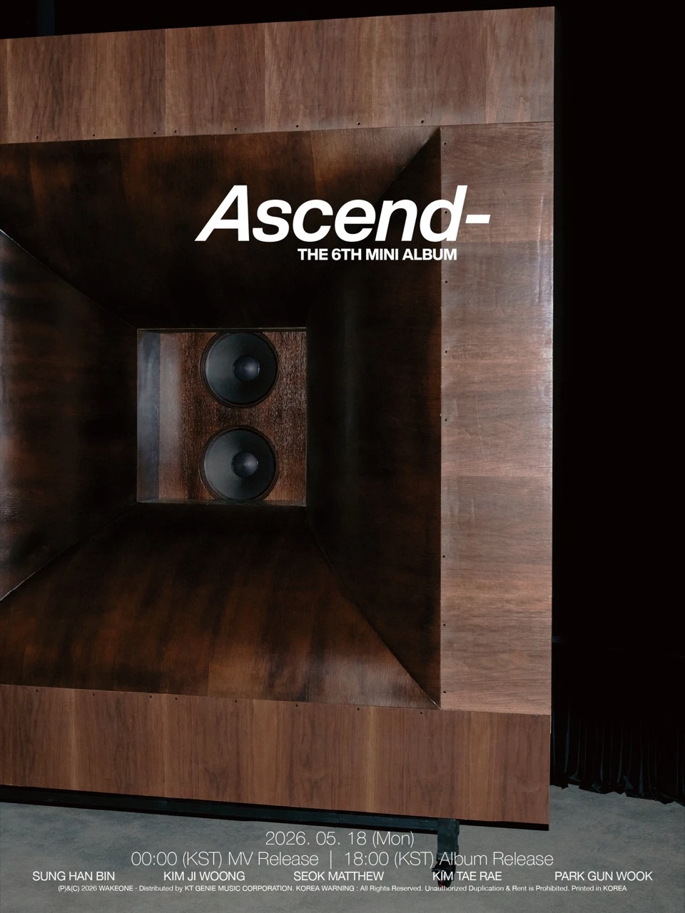 ZEROBASEONE Ascend teaser poster showing a wooden speaker structure and the May 18 release schedule