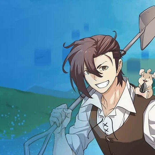 Promotional art for The Greatest Estate Developer showing the lead character smiling with a shovel over his shoulder