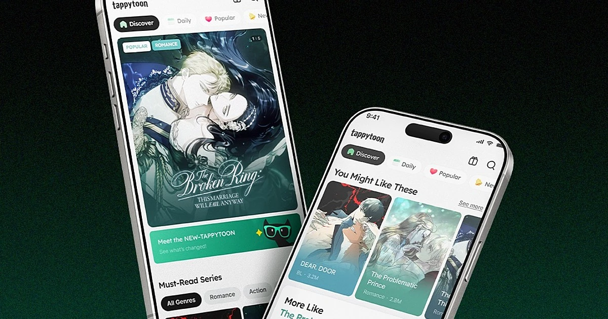 Two smartphones displaying the Tappytoon app interface with featured webtoon titles