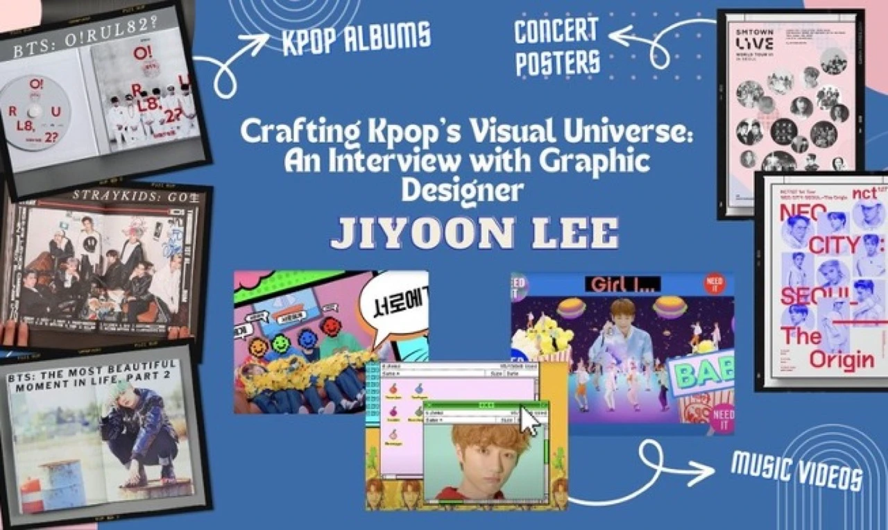 Graphic featuring K-pop album covers, concert posters, and music video visuals from designer Jiyoon Lee