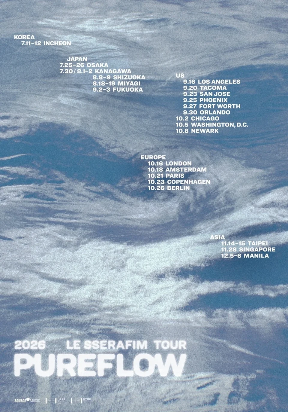 Official routing poster for LE SSERAFIM's 2026 PUREFLOW world tour