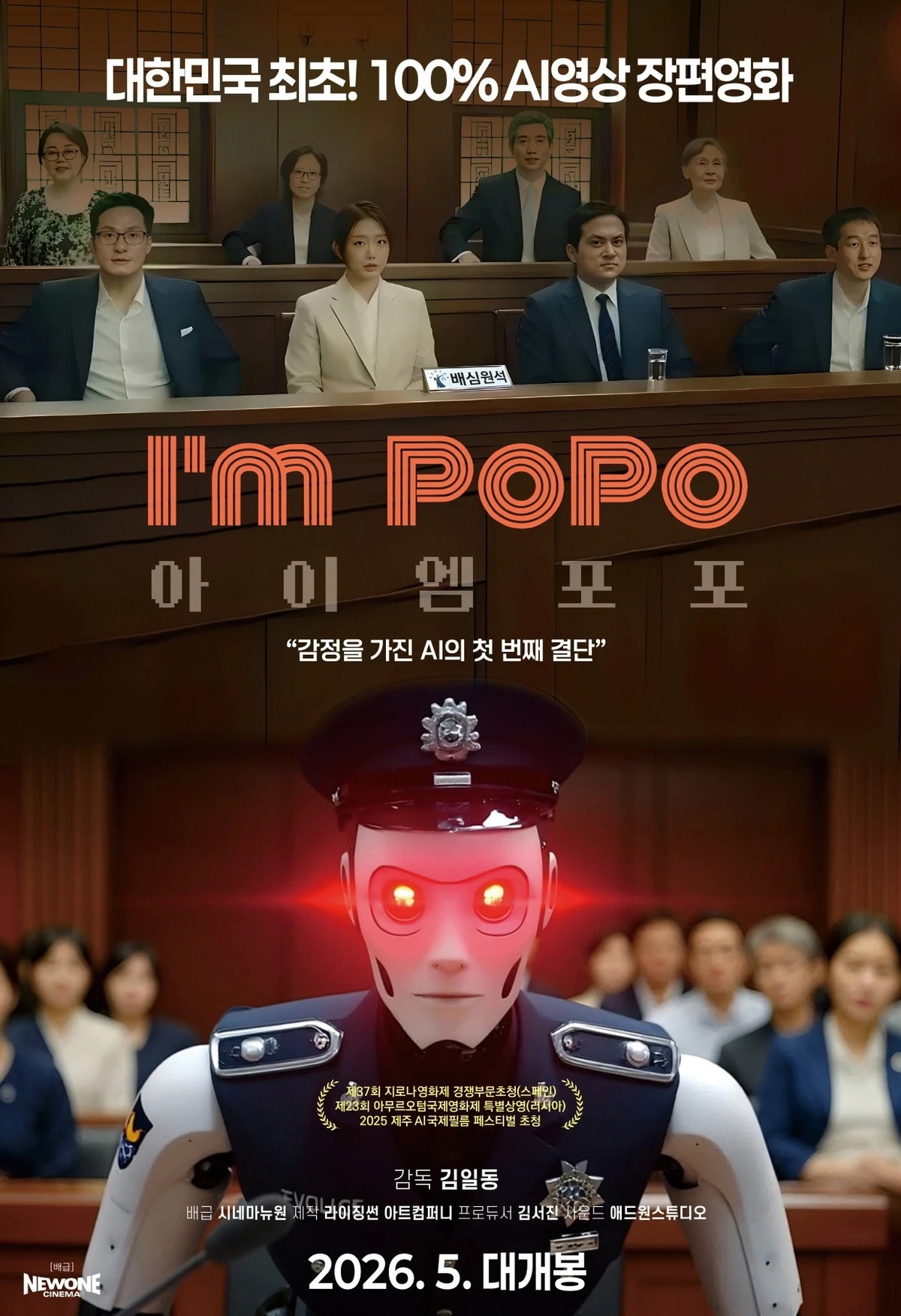 Poster for I’m Popo showing a courtroom jury above a humanoid police robot with glowing red eyes