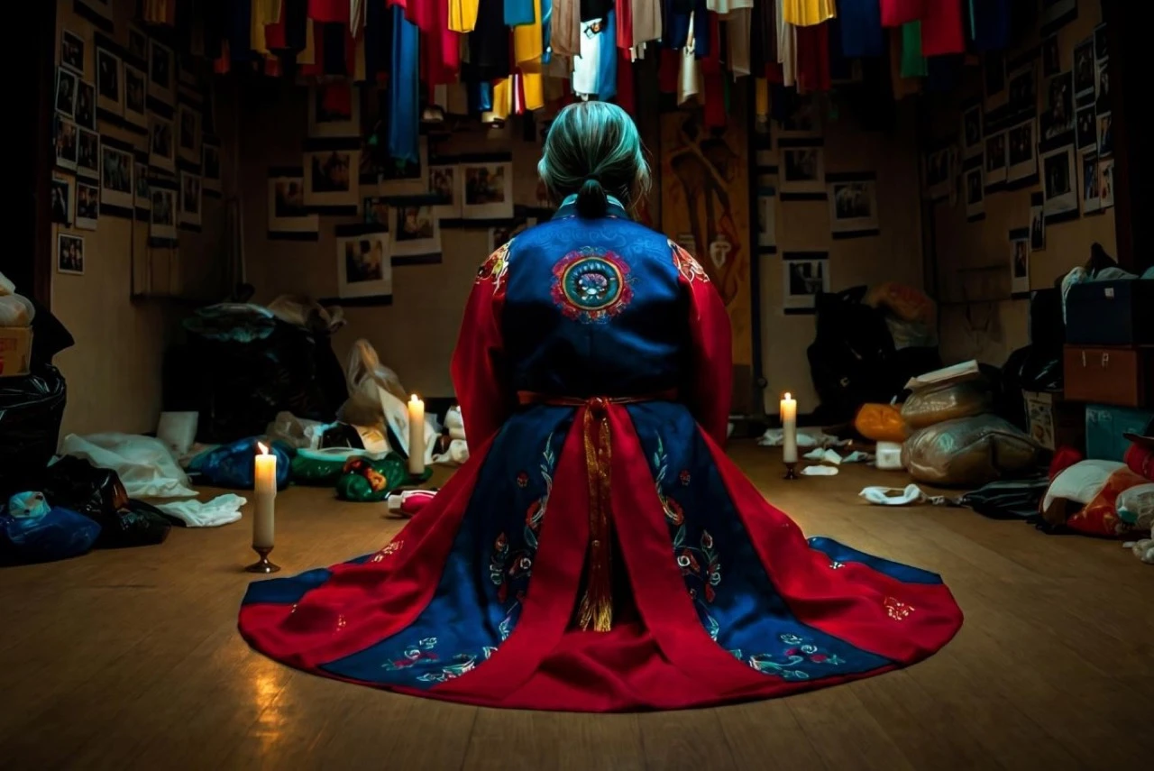 A promotional still from The House shows a lone figure in a blue and red hanbok seated in a candlelit room covered with hanging cloth and pinned photographs