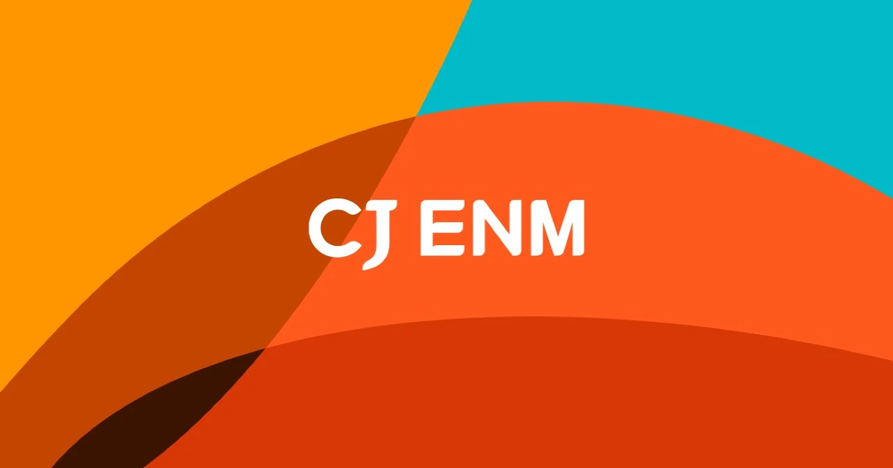 CJ ENM abstract corporate graphic in orange, teal, and red