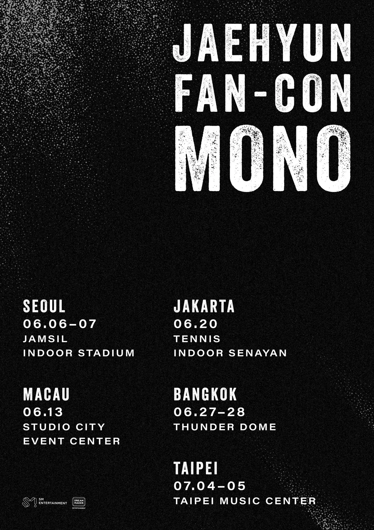 Poster for Jaehyun's Mono fan-con tour listing dates in Seoul, Macau, Jakarta, Bangkok, and Taipei