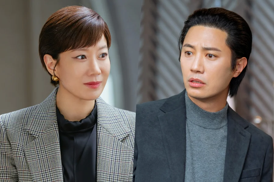 Promotional still from Reborn Rookie showing Jeon Hye Jin and Jin Goo facing off in a tense conversation