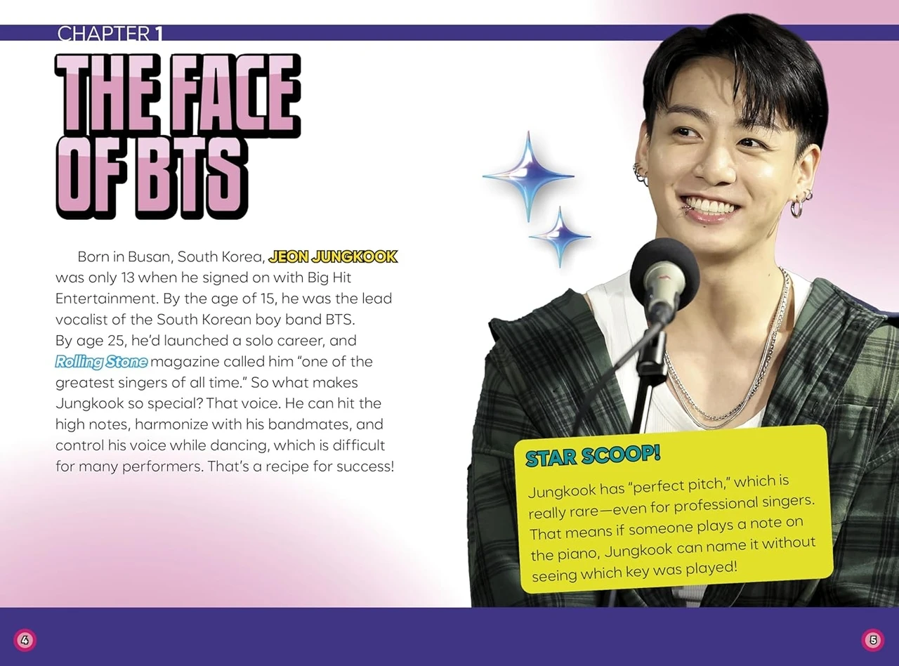 Interior spread from a Jungkook educational profile showing chapter design and a photo of the BTS singer
