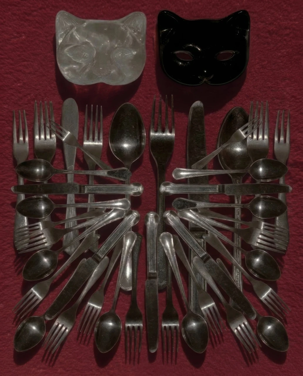 Two cat-shaped masks above a butterfly-like arrangement of silver cutlery on a dark red background in MEOVV's teaser image