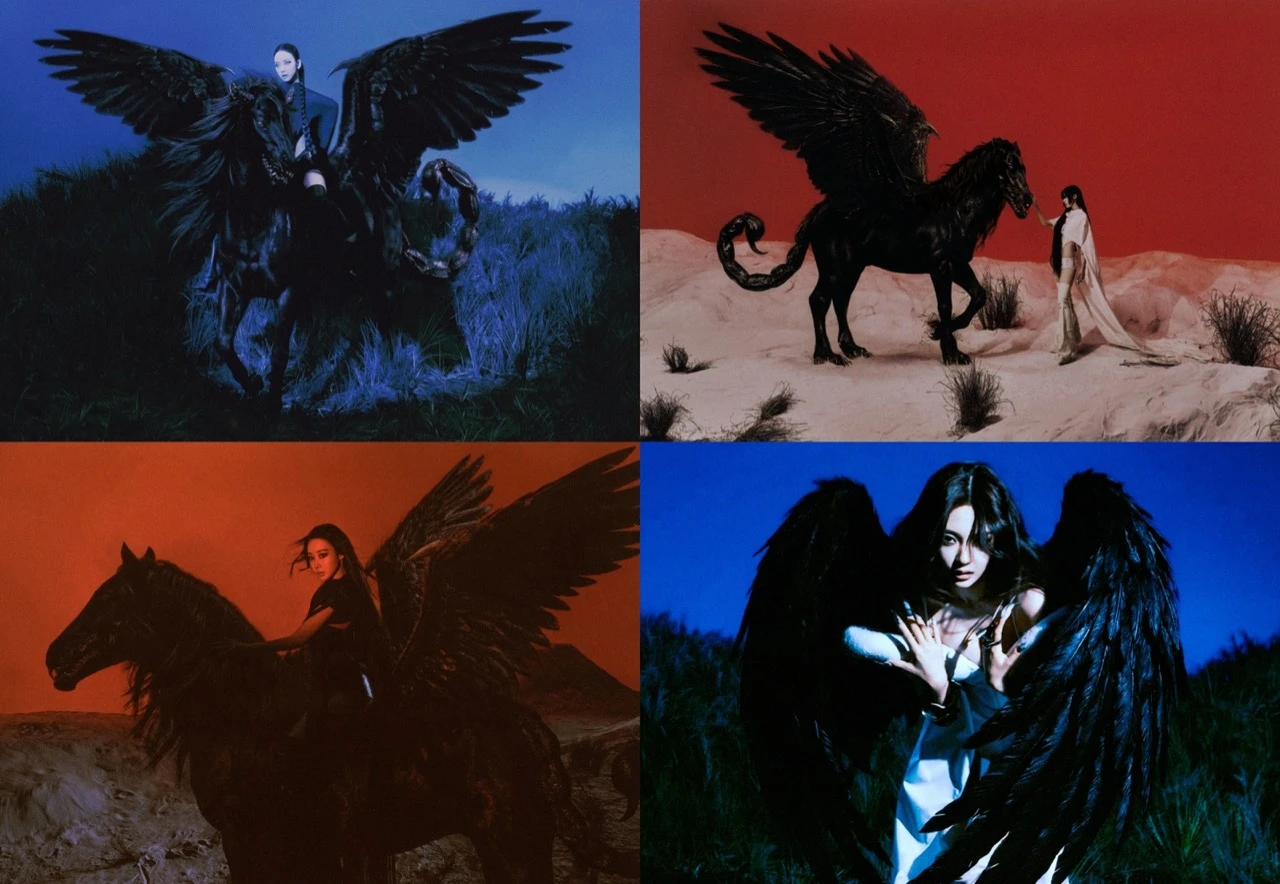 Dark fantasy teaser collage for aespa's WDA showing a member with a black winged creature in red and blue concept scenes