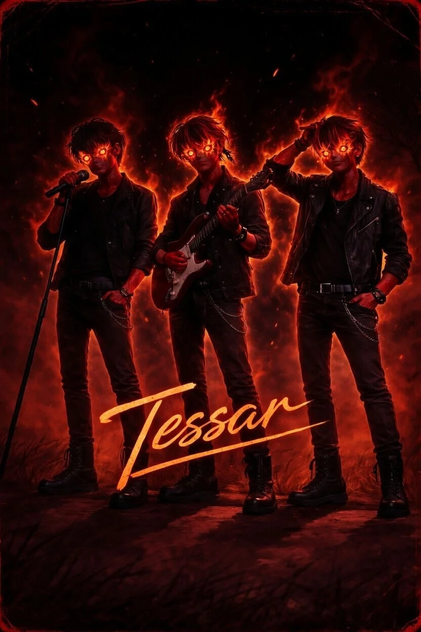 Promotional artwork showing the three Tessar members in fiery rock styling