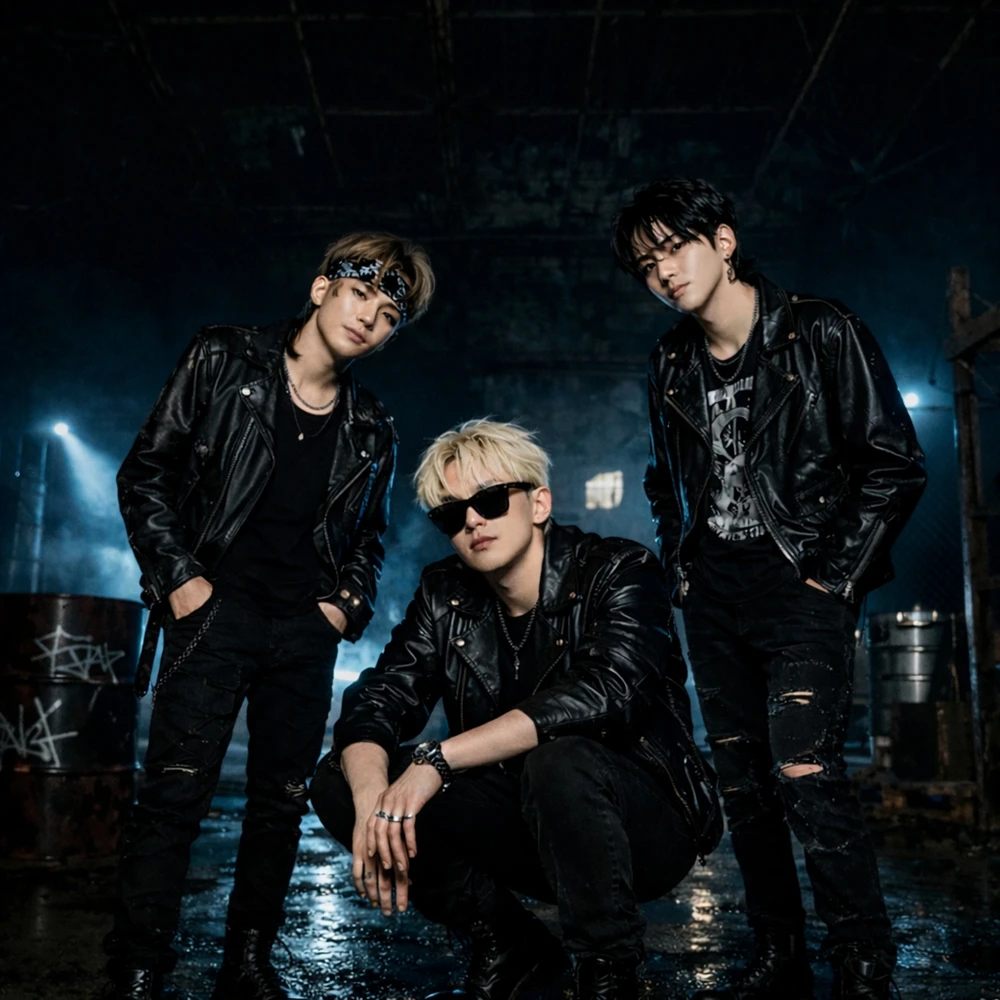 The three Tessar members pose in black performance styling inside a dark industrial set