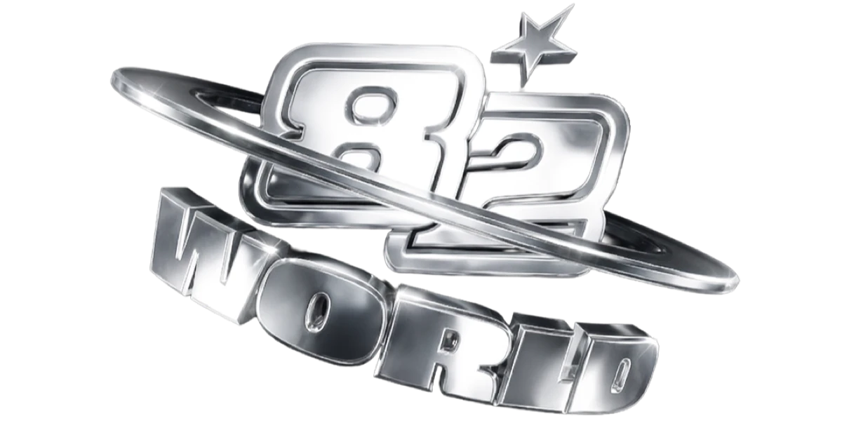 Silver 3D 82 WORLD logo with an orbit ring and star on a black background