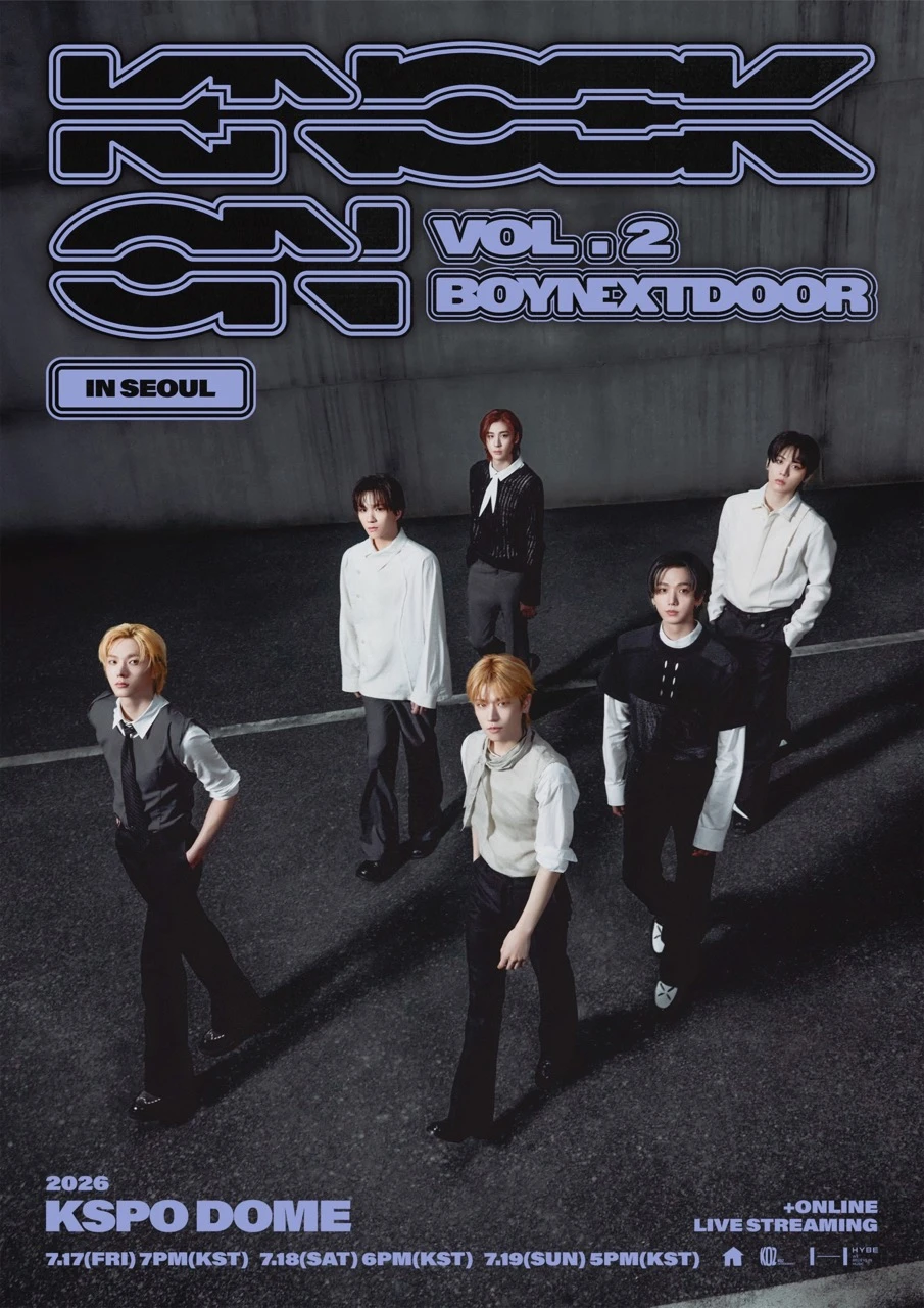 Official BOYNEXTDOOR KNOCK ON Vol.2 world tour poster listing 24 cities across Korea, Japan, North America, and Southeast Asia