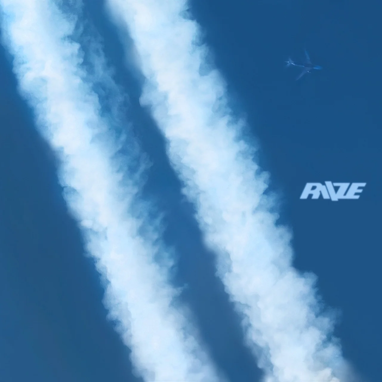 RIIZE teaser image showing a blue sky, airplane contrails, and the group's logo