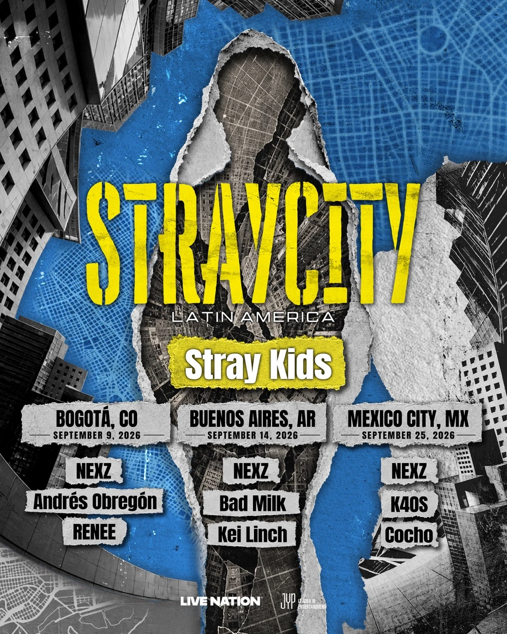 STRAYCITY Latin America poster listing Bogotá, Buenos Aires, and Mexico City dates