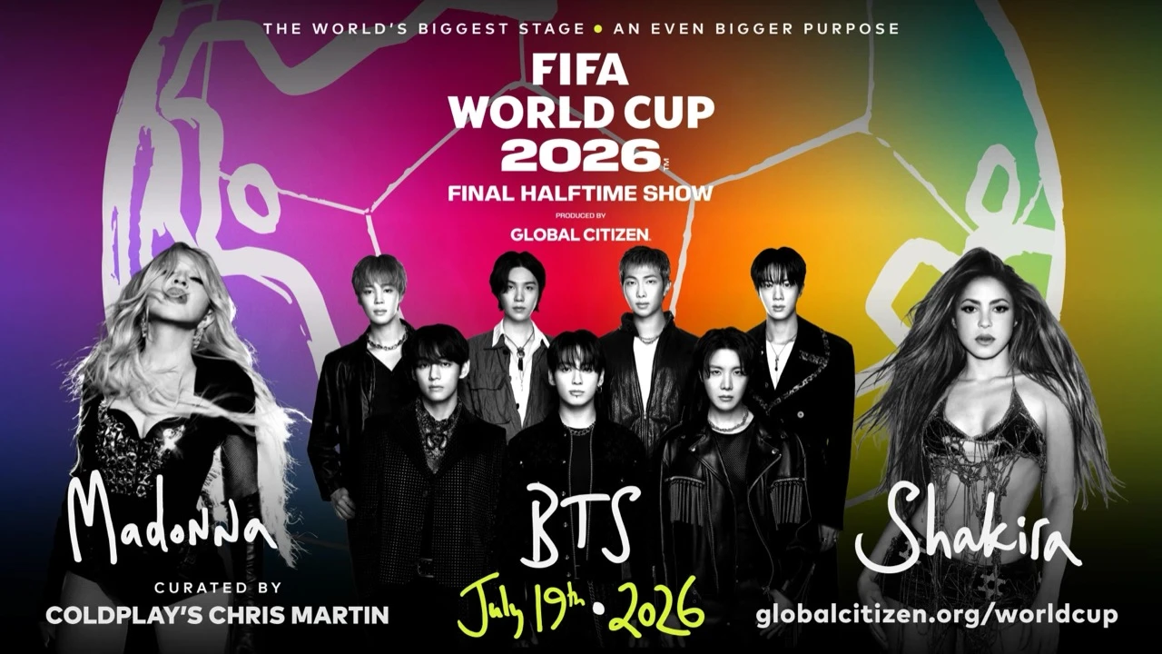 Official FIFA World Cup 2026 final halftime show poster featuring BTS, Madonna, and Shakira