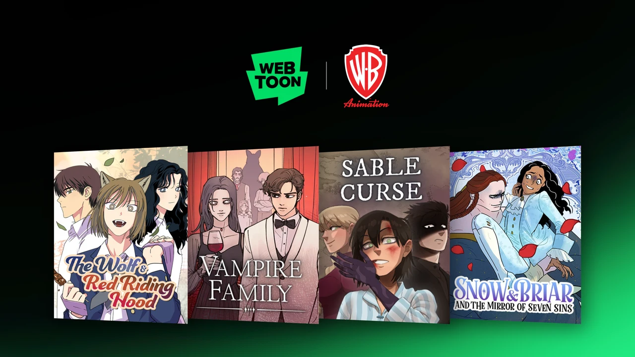WEBTOON Entertainment and Warner Bros. Animation development slate graphic showing four newly announced titles